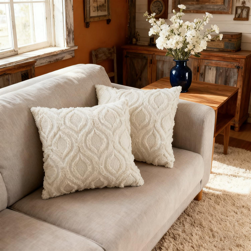 Pack of 2 Decorative Throw Pillow Covers 22x22, Soft Plush Faux Fur Wool Couch Cushion Pillow Covers Cozy Boho