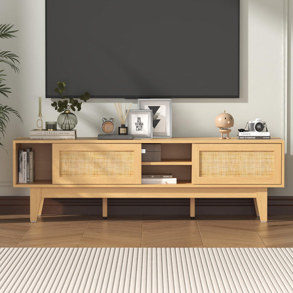 Oak Boho TV Stand for 55-70 inch, Entertainment Center with Rattan Design