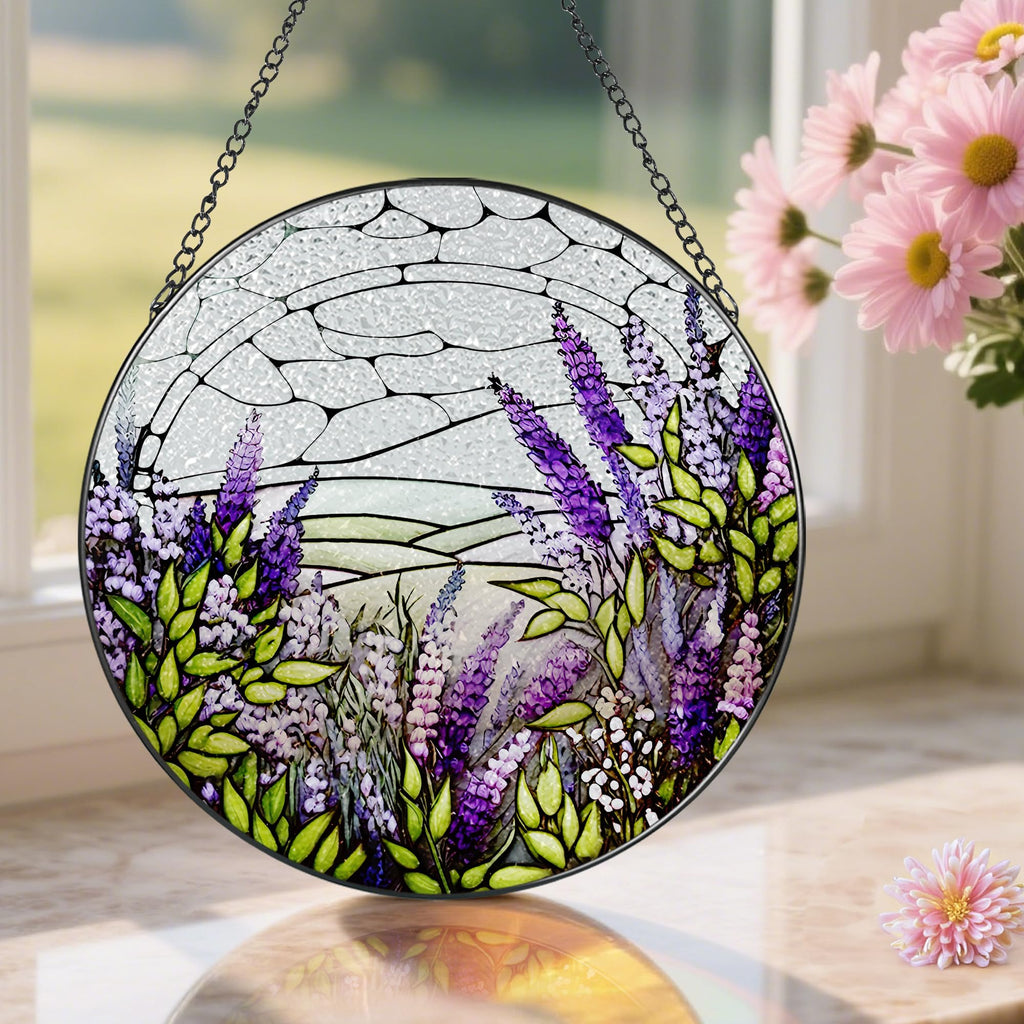 Lavender Flower Stained Glass Suncatcher, Stained Glass Window Hanging, 8 Inch Green Plants Suncatcher Decor for