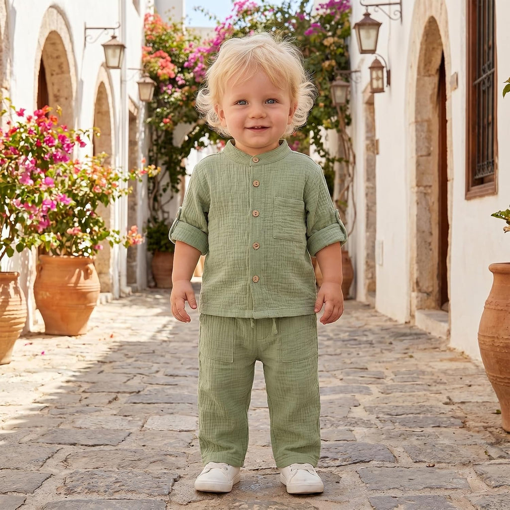 Baby Boy Cotton Linen Outfit Fall Winter Long Sleeve Button Down Henley Shirt Linen Pants Toddler Boys Clothes Set