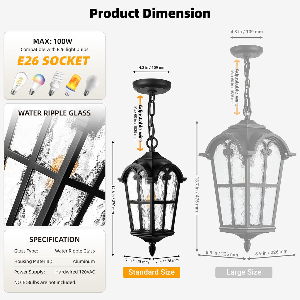 Vintage Outdoor Pendant Light Fixture, Matte Black
