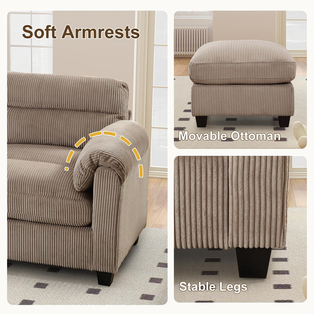115" Wide Modular Sectional Sofa Couch, Oversized Corduroy l Shaped Sectional Couches with Rolled Arms, 7-Seater