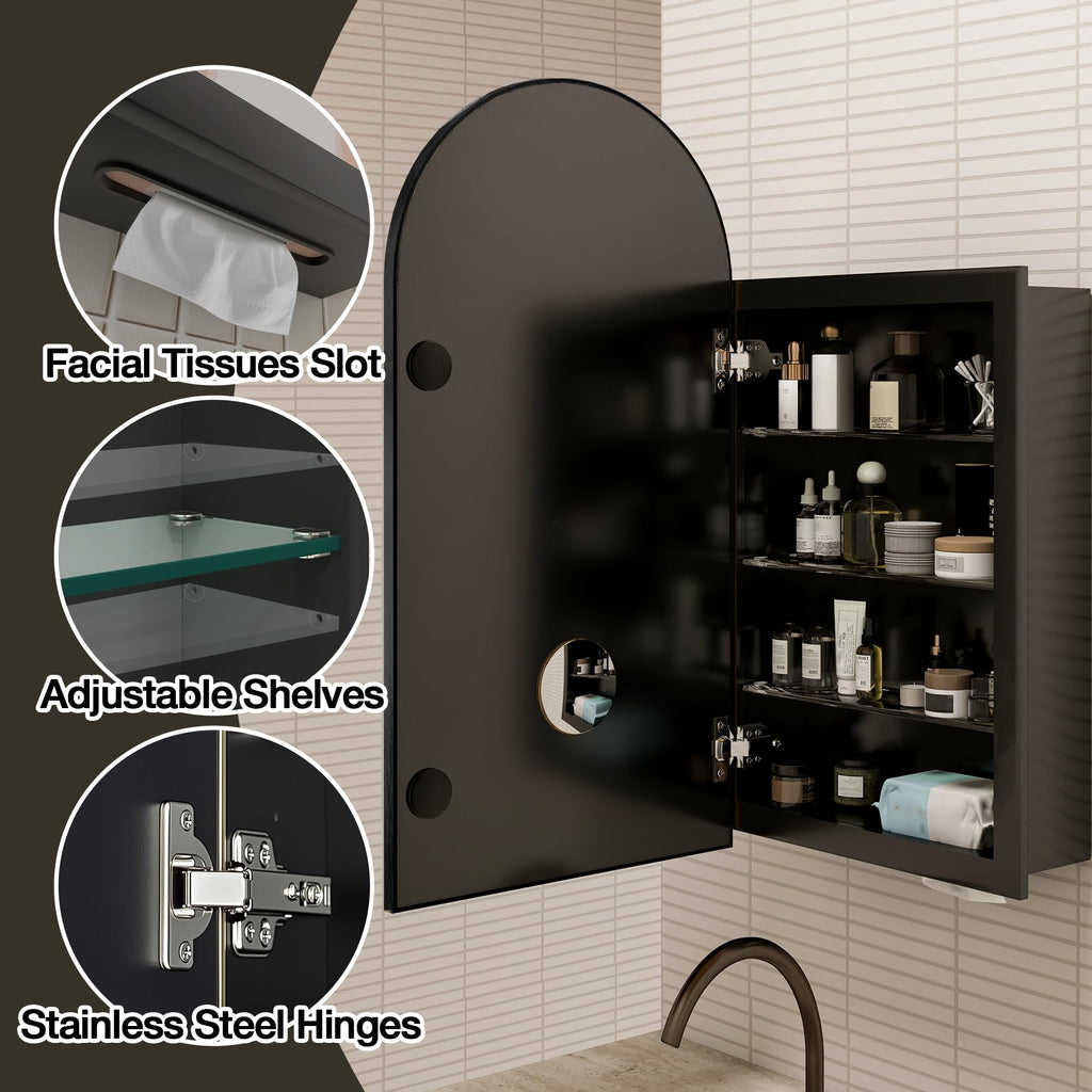 Arched Medicine Cabinet Mirror No Assembly Bathroom Mirror with Storage Recessed or Surface Mount Options (Black
