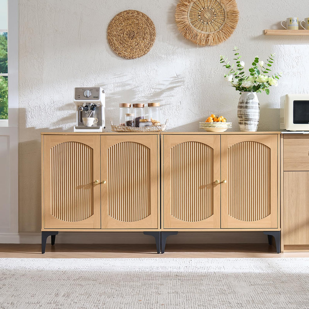 123.6" W Fluted Arched Buffet Cabinet with Storage, Natural Oak