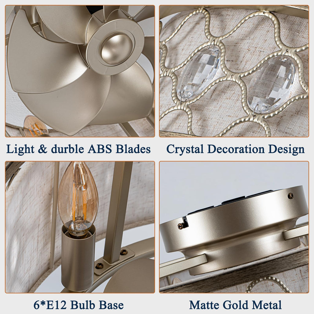 Low Profile Farmhouse Ceiling Fan with Light, 20" Rustic Flush Mount Ceiling Fans with Remote, Modern Caged Crystal