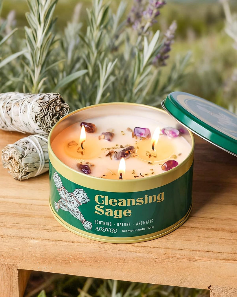 Sage Candle for Cleansing - 3 Wick 12oz Large Scented Candle with Crystals & Sage Leaves Inside, Soy Candles Non - Set of 12