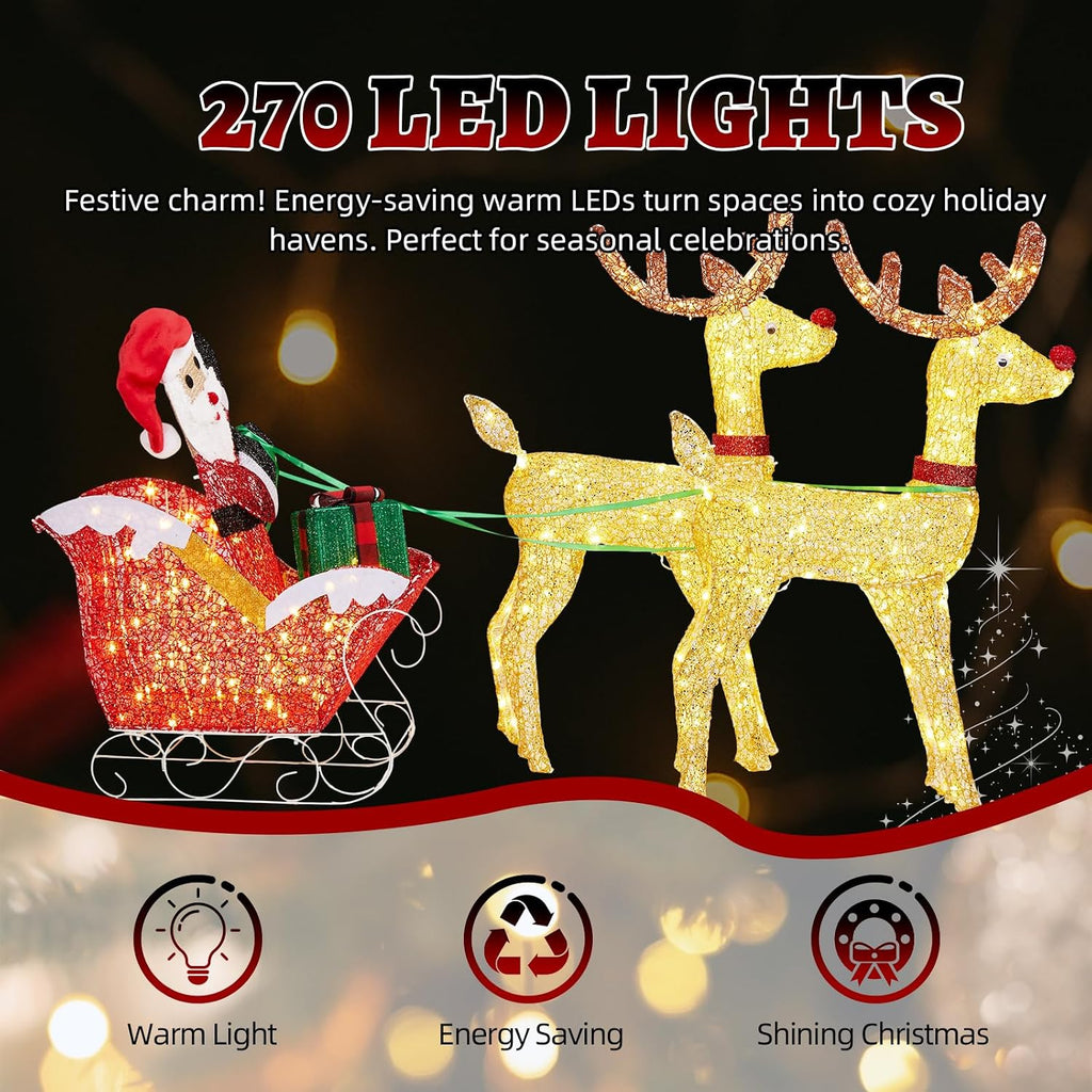 Christmas Lighted Reindeers with Santa Claus Sleigh Set 3FT, 270 LEDs 30V