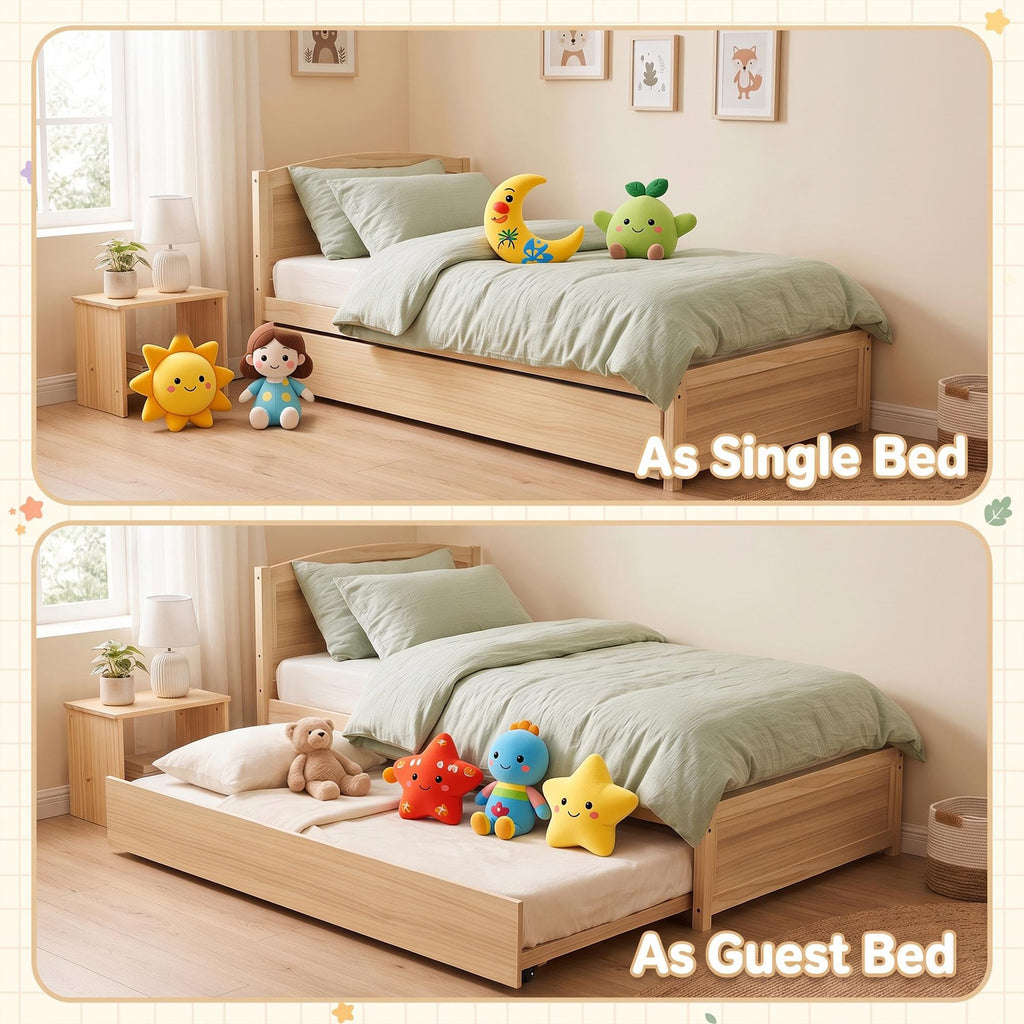 Daybed with Trundle, Twin Size Pull Out Bed, Solid Wood Extendable Day Bed with Trundle, Include Slat Support