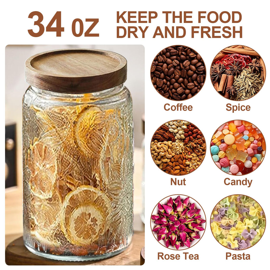 2-Pack 34 OZ Vintage Glass Jar with Lid, Airtight Food Storage Canisters with Bamboo Counter Pantry, Ideal for