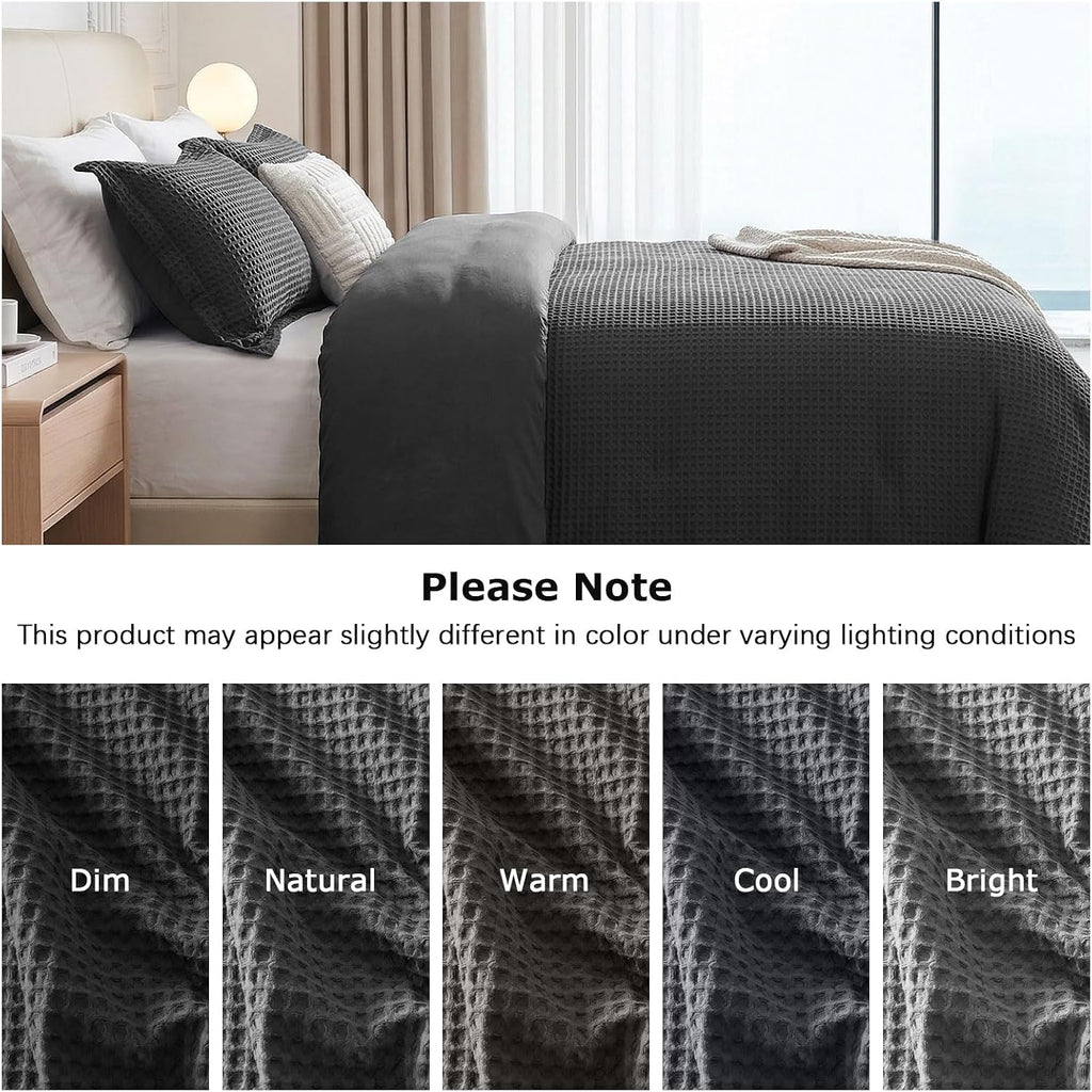 100% Cotton Duvet Cover Queen - Waffle Weave Duvet Cover Set for All Season, Linen Like Textured Bedding Sets 3 Pcs