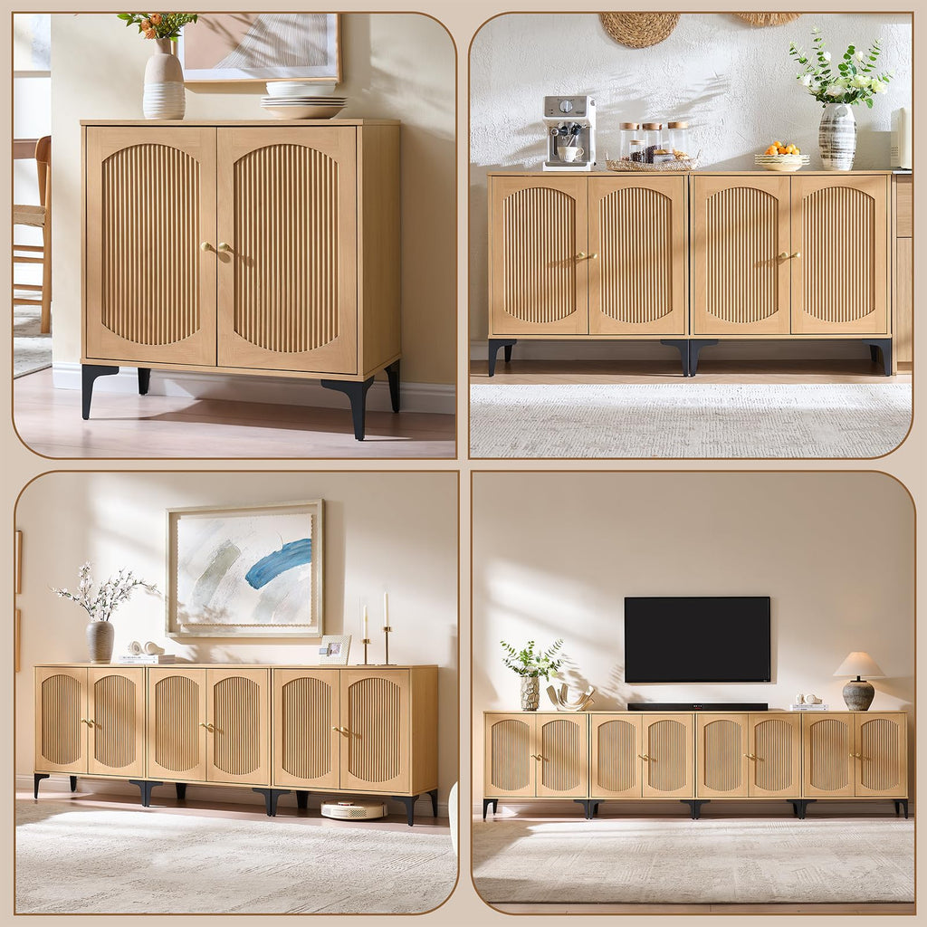123.6" W Fluted Arched Buffet Cabinet with Storage, Natural Oak