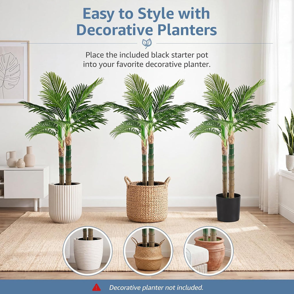 47in Artificial Palm Tree, Realistic Faux Indoor Floor Plant with Lifelike Leaves and Black Planter Pot, Maintenance