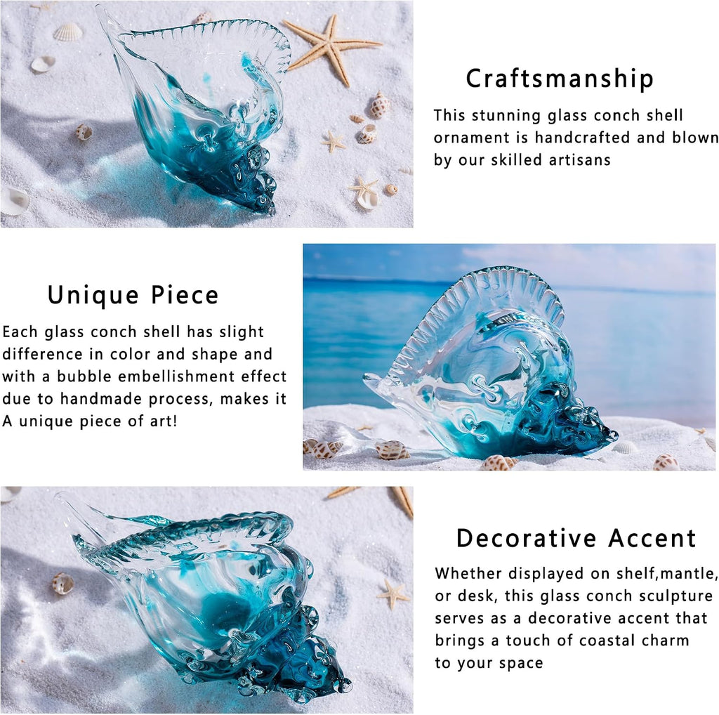 8" Blown Glass Conch Shell, Large Blue Glass Seashells Sculpture Table Centerpiece, Coastal Ocean Beach Themed Room