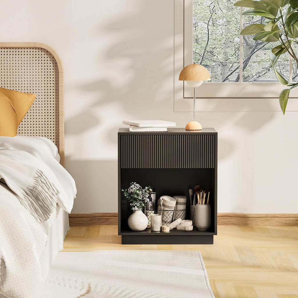 Fluted Nightstands Set of 2, Modern Bedside Table with Storage Drawer and Open Wood Shelf, Wood End Table Mid Century