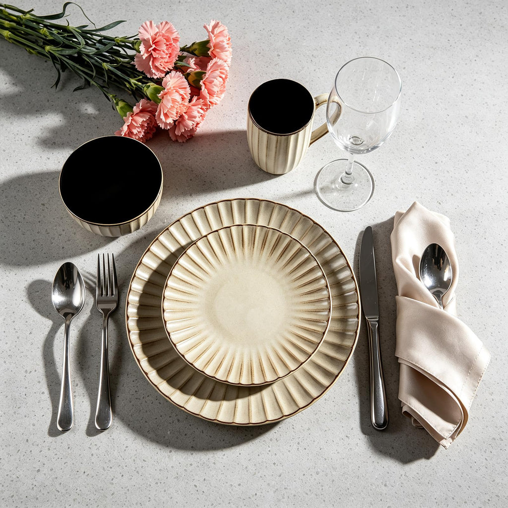 Ribbed Stoneware Dinnerware Set, Reactive Glaze Golden Cream, Service for 4