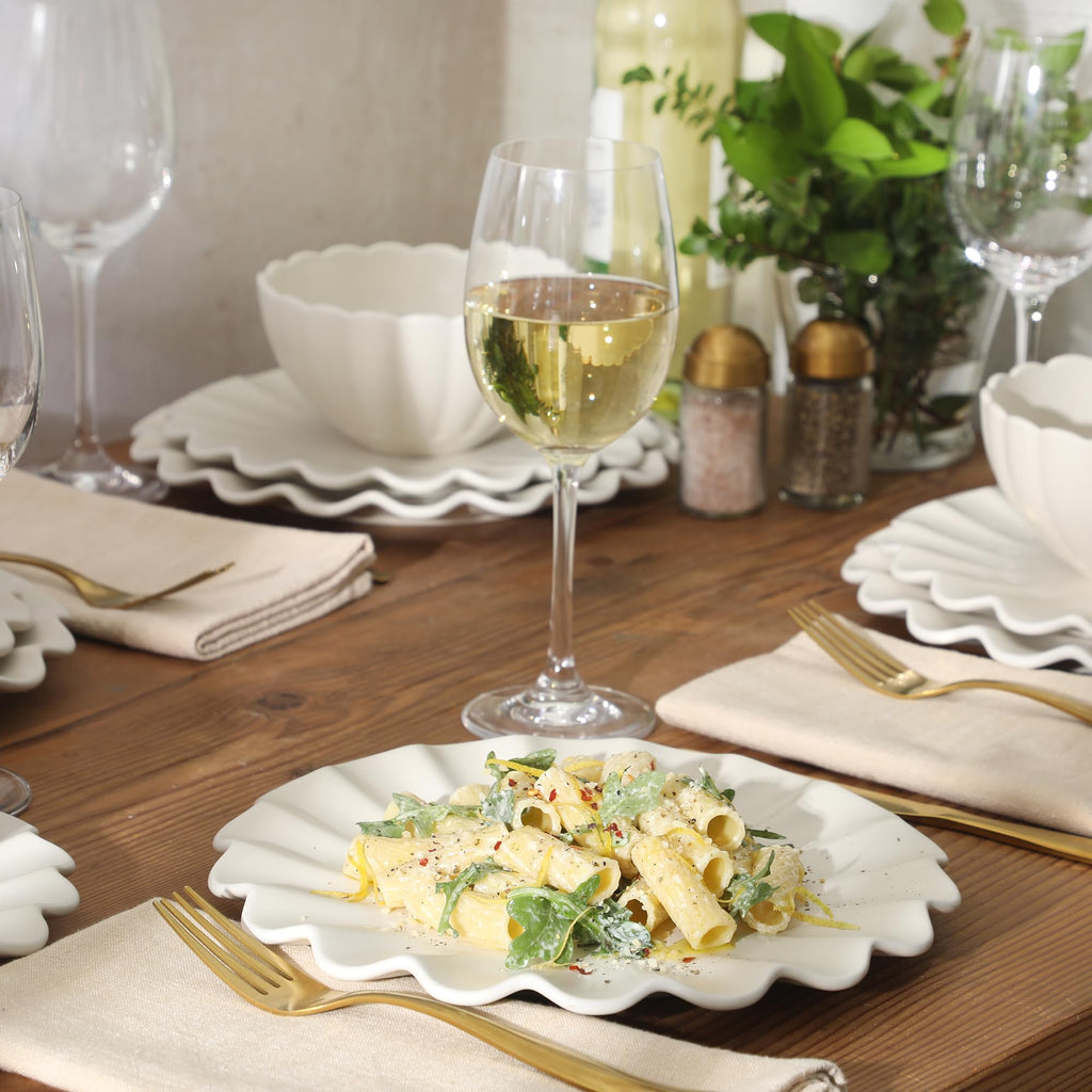 Bistro Fleur Plates and Bowls Sets, 12-Piece Stoneware Dinnerware Set for 4, Ivory White Scalloped Dish Set