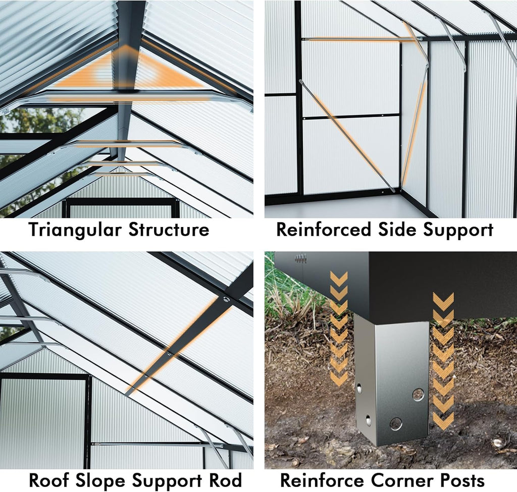 8X10FT Enhanced Aluminum Walk-in Greenhouse for Outdoors with Thermometer | Easy Assembly, UV-Resistant Panel, Rain