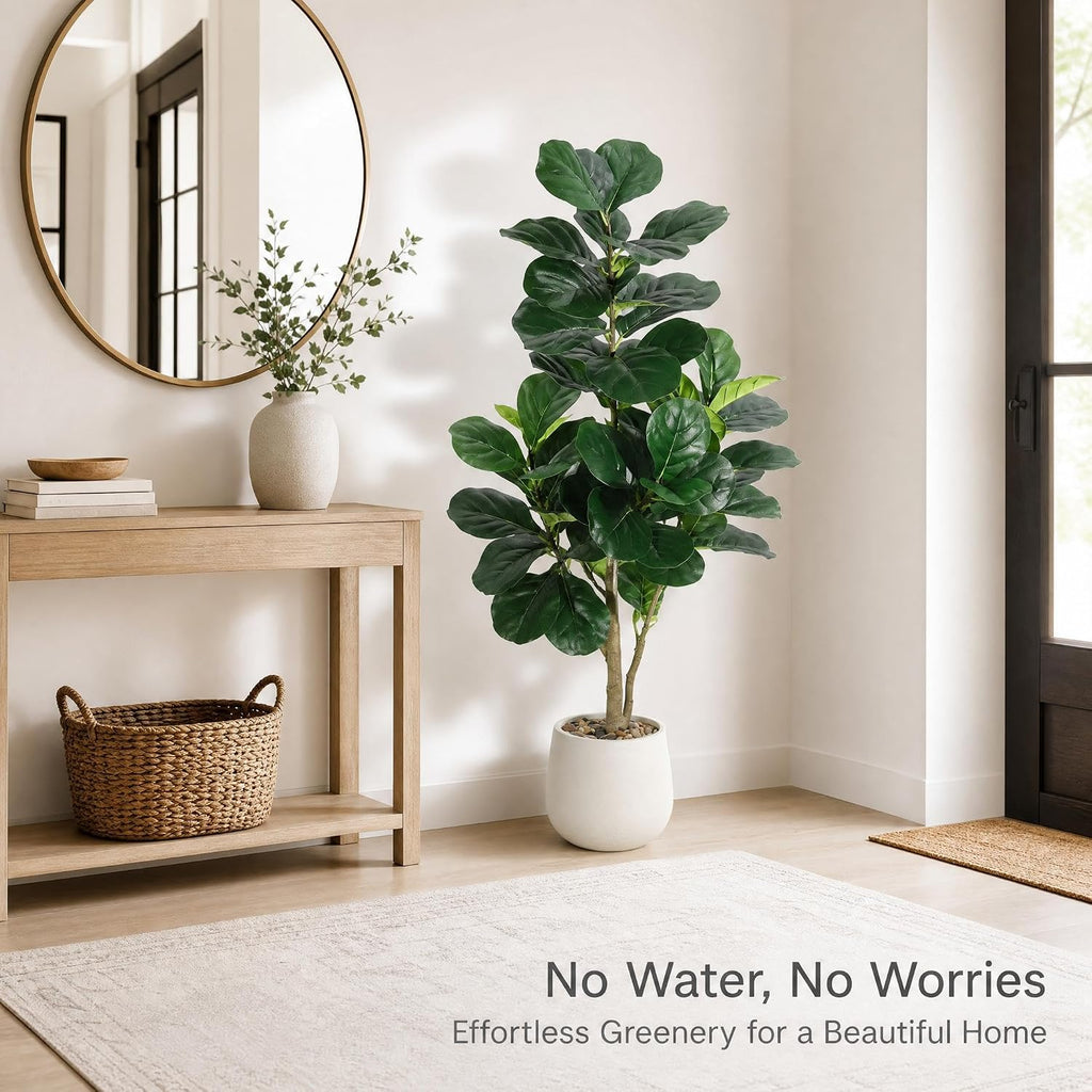 4 ft Artificial Fiddle Leaf Fig Tree, Realistic Faux Ficus Lyrata with 48 Leaves, PE & PVC Potted Floor Plant Living
