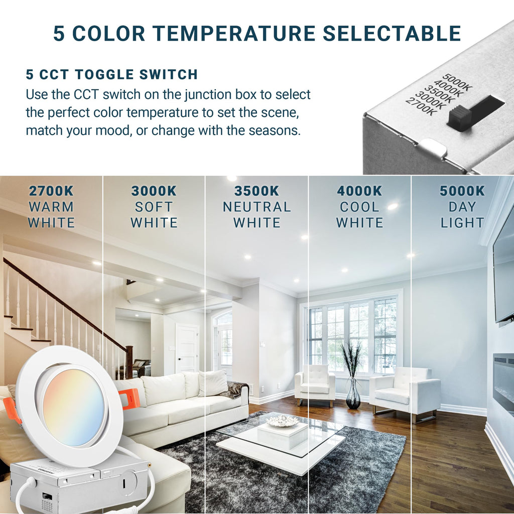 (6 Pack) 4 Inch LED Gimbal 5CCT Recessed Lighting, Directional Adjustable Canless Ceiling Light with J-Box