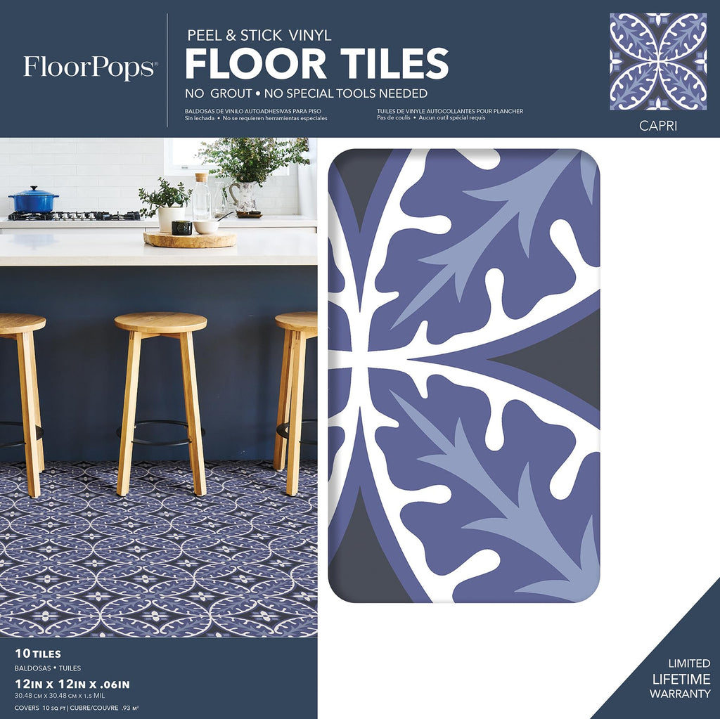 Capri Peel and Stick Floor Tiles, Multicolor Geometric Removable Vinyl Flooring, Self Adhesive Floor Tiles Bathroom