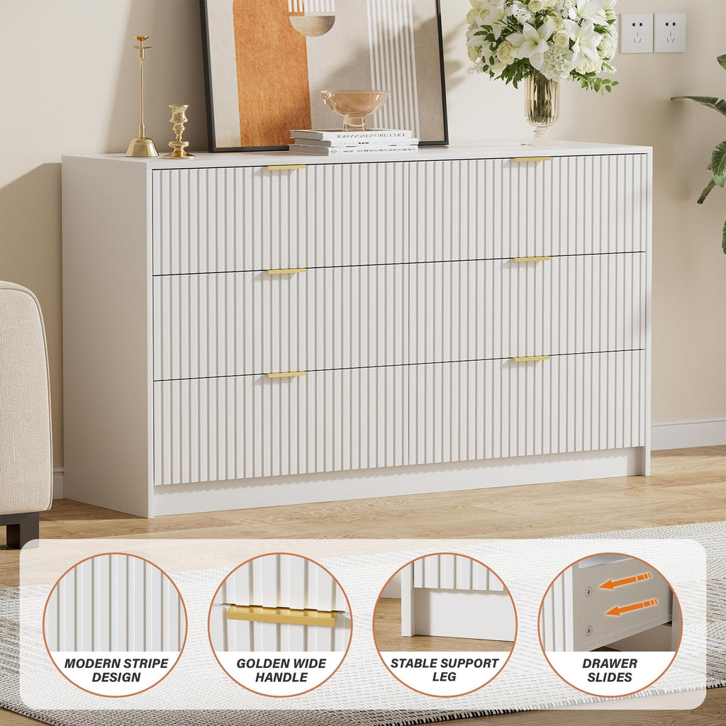 55.1" Wide White Dresser, Fluted 6 Drawer Dresser