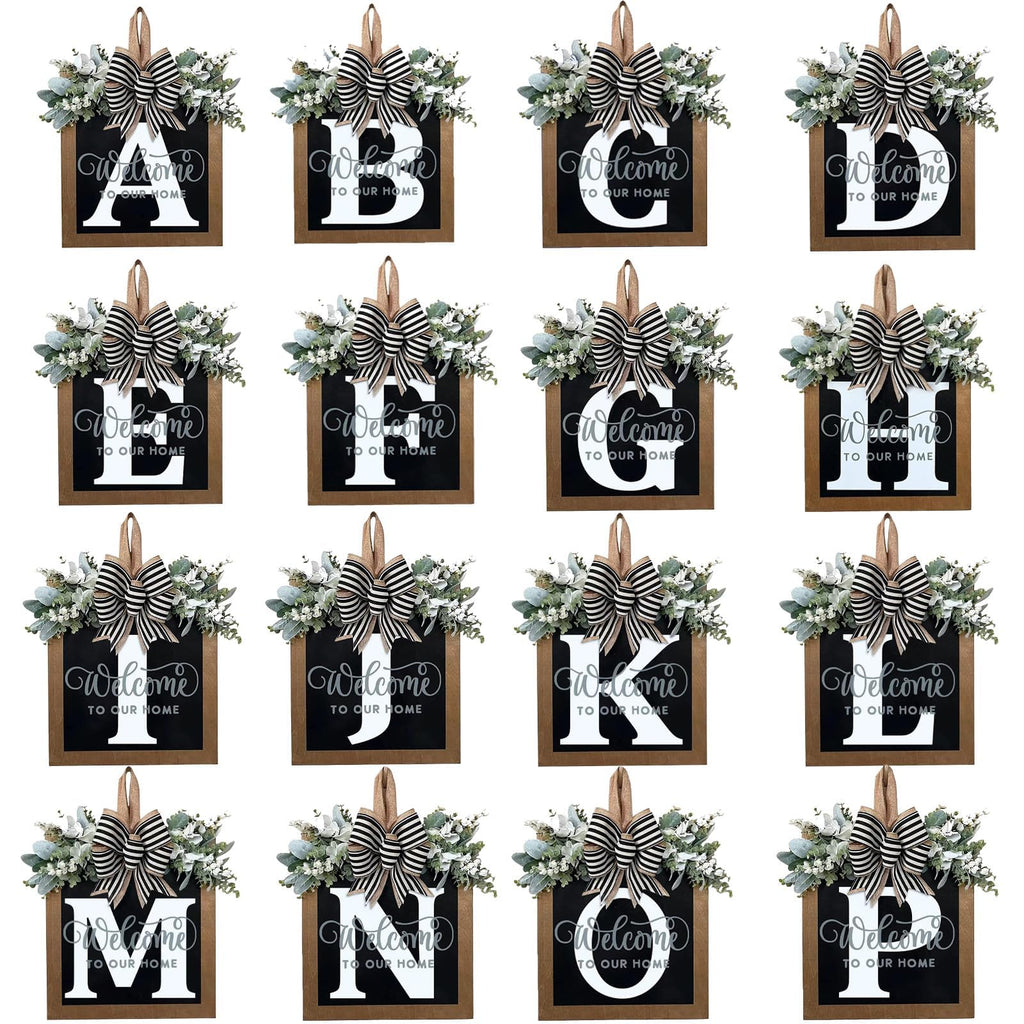 Last Name Year Round Front Door Wreath Front Porch Decoration 26 Letter Welcome Sign with Eucalyptus Garland and Bow