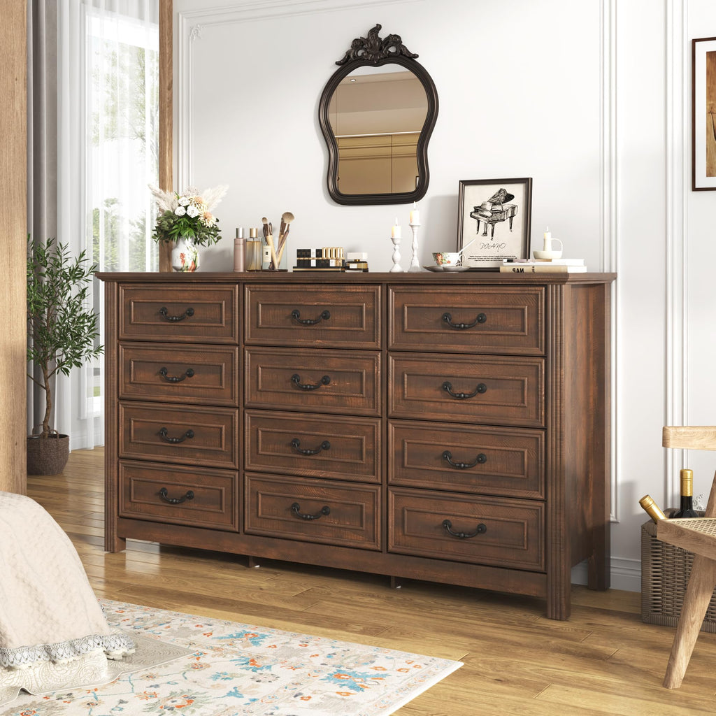 Farmhouse 12 Drawer, 63" Wood Chest of Drawers with Rustic Handles, Wide Closet Dressers Organizer, Living Room