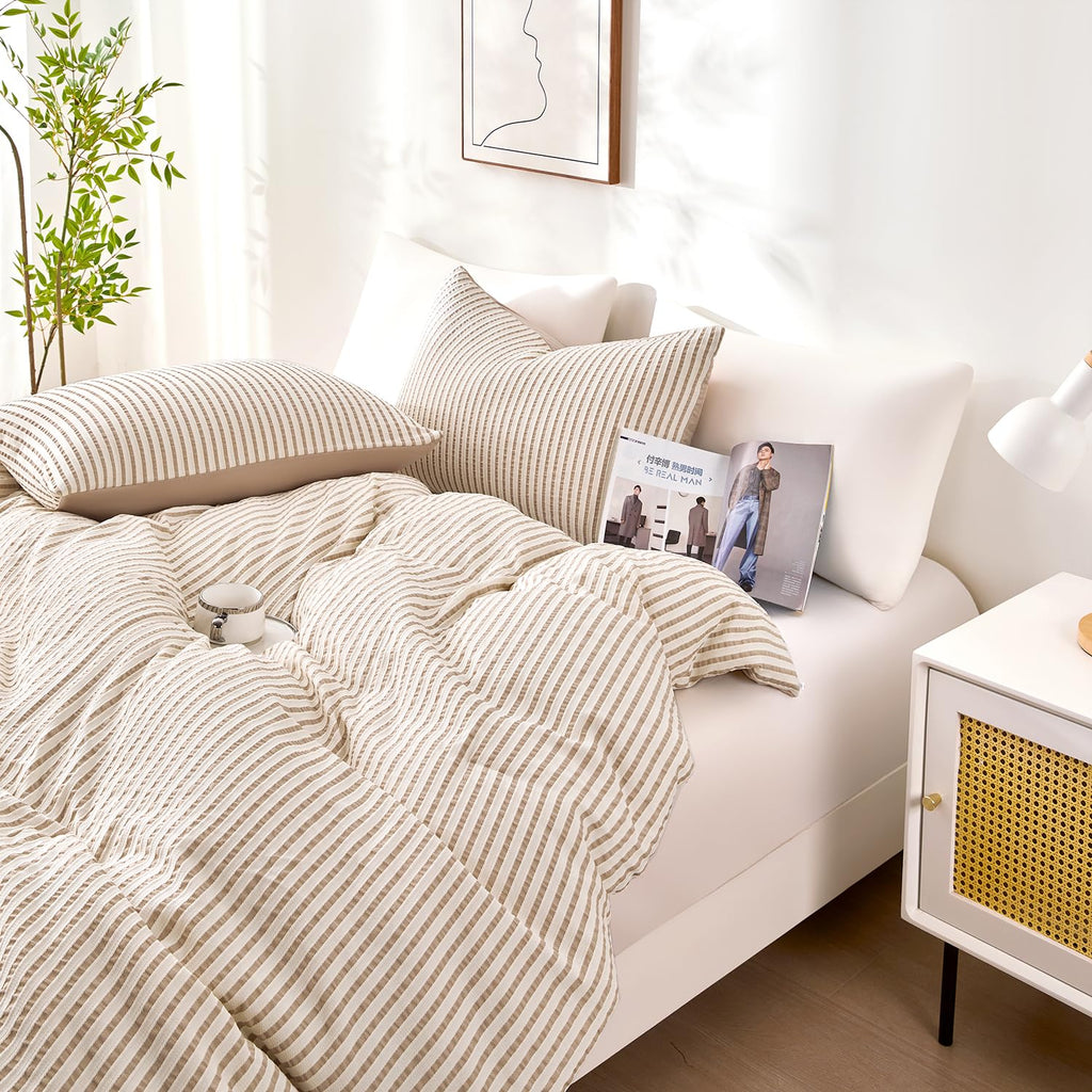 Boho Comforter Set Queen Size Tan Beige & White Striped Tufted Bedding 3 Pcs