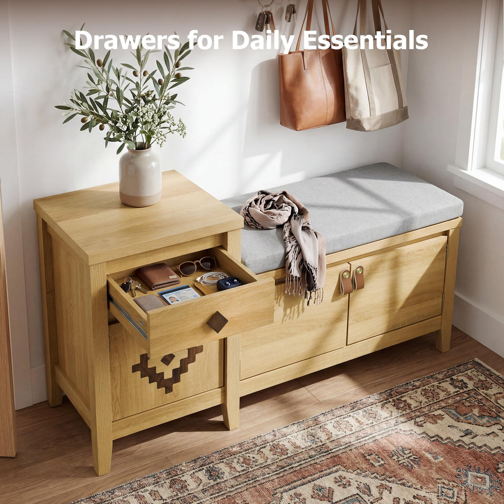 Entryway Bench with Storage, 3 in 1 Storage Bench with 1 Drawer and 2 Cubbies, 44" Rustic Wooden Seat with Cushion