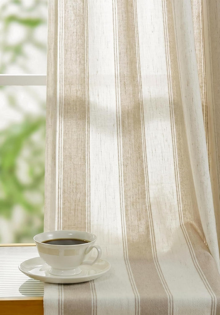 Beige Stripe Pinch Pleated Curtains 84 inches, Linen Blend Light Filtering Gingham Drapes with Memory Pleats for