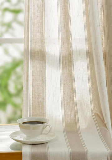 Beige Stripe Pinch Pleated Curtains 84 inches, Linen Blend Light Filtering Gingham Drapes with Memory Pleats for