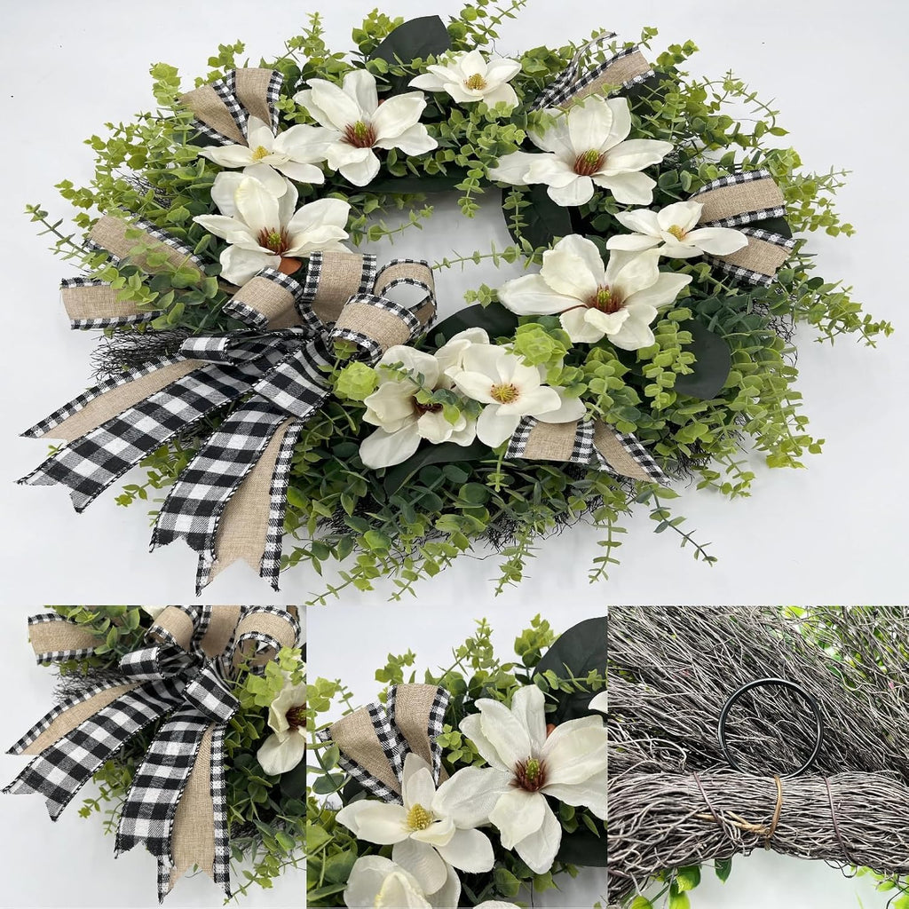 24 Inch Artificial Magnolia Wreath for Front Door - Farmhouse Boxwood Greenery Wreath with Buffalo Plaid Bow