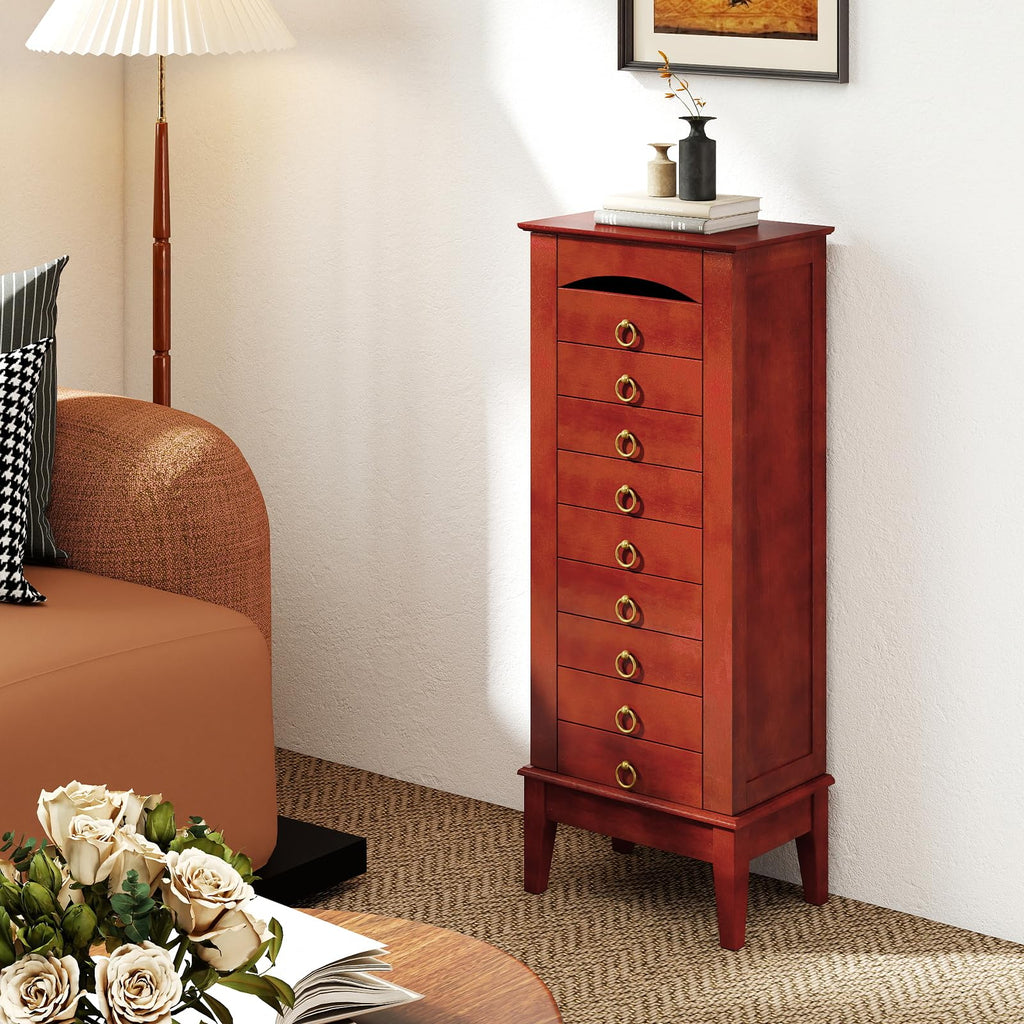 Standing Jewelry Cabinet with 9 Drawers, Flip Top Mirror, Cherry
