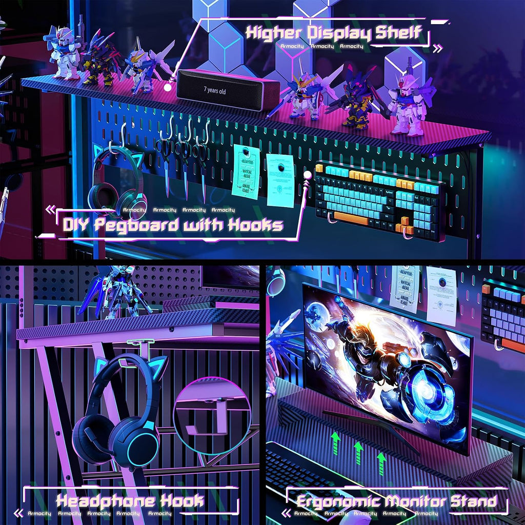 Gaming Computer Desk with Shelves and Outlets, Gaming Desk with Hutch and LED Lights, Reversible PC Gaming Desks with