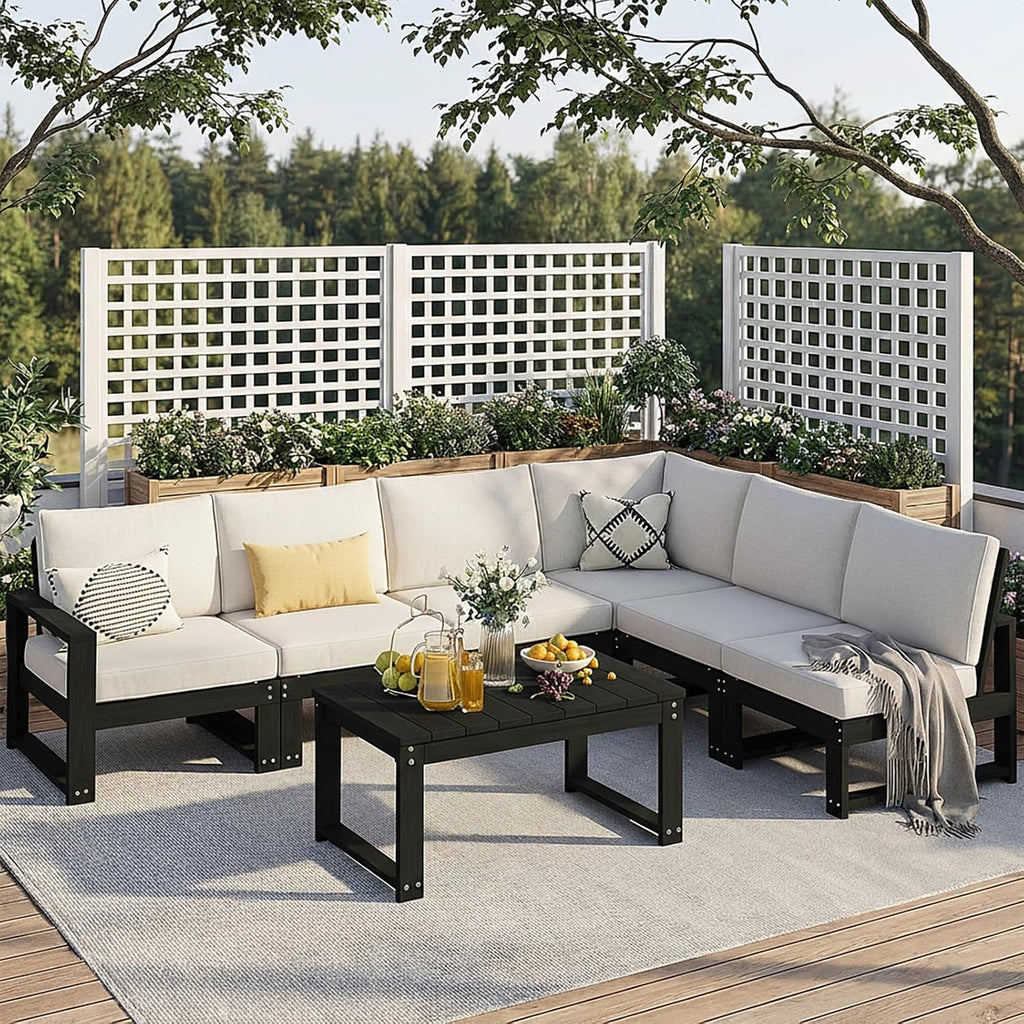 Outdoor Furniture with Cushions, Patio Furniture Set, 7-Piece L Shaped Outdoor Couch Sets 6 Seats, HDPE Patio