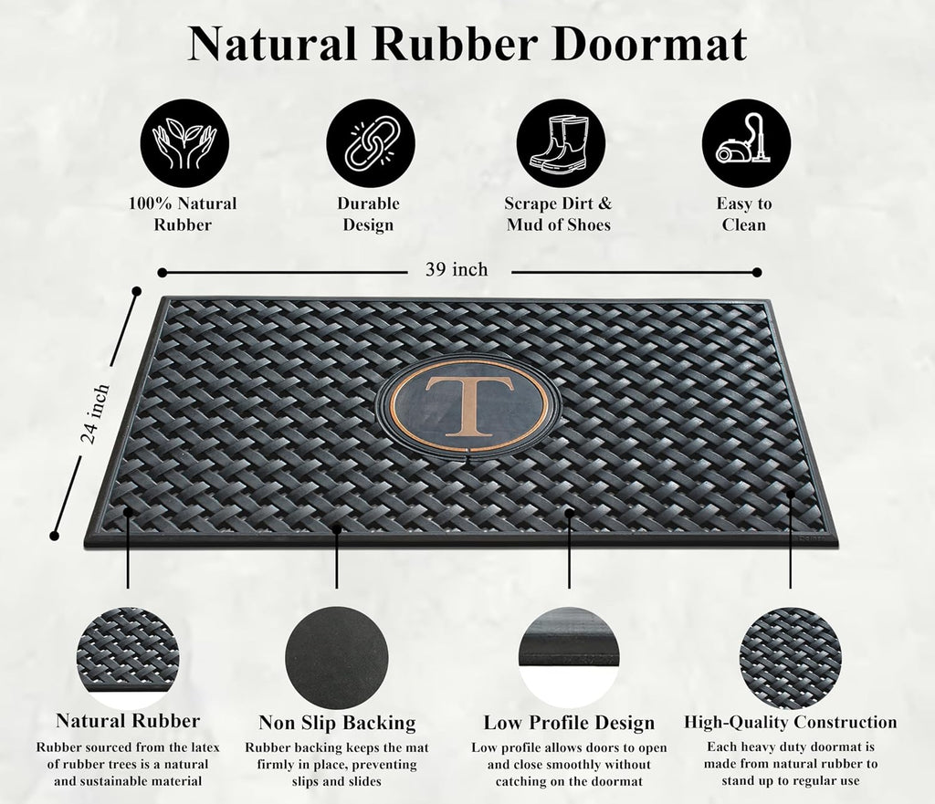 A1HC Natural Rubber Front Door Mat 24x39 inches, Monogrammed Doormat , Heavy Duty Shoe Scraper Welcome Mat for Porch