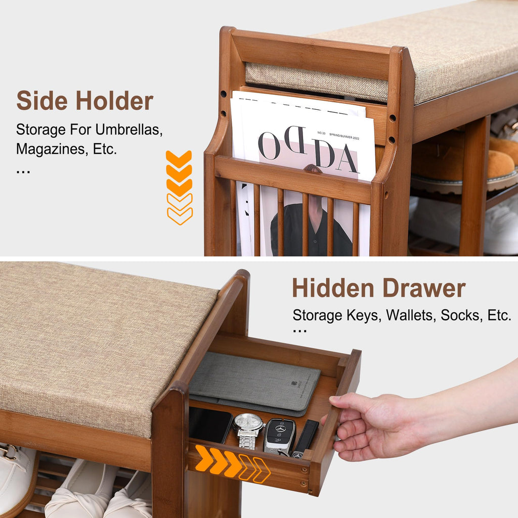 Shoe Bench with Hidden Drawer and Side Holder, 2 Tier Entryway Bench with Storage 39.4 in, Bamboo Shoe Rack with
