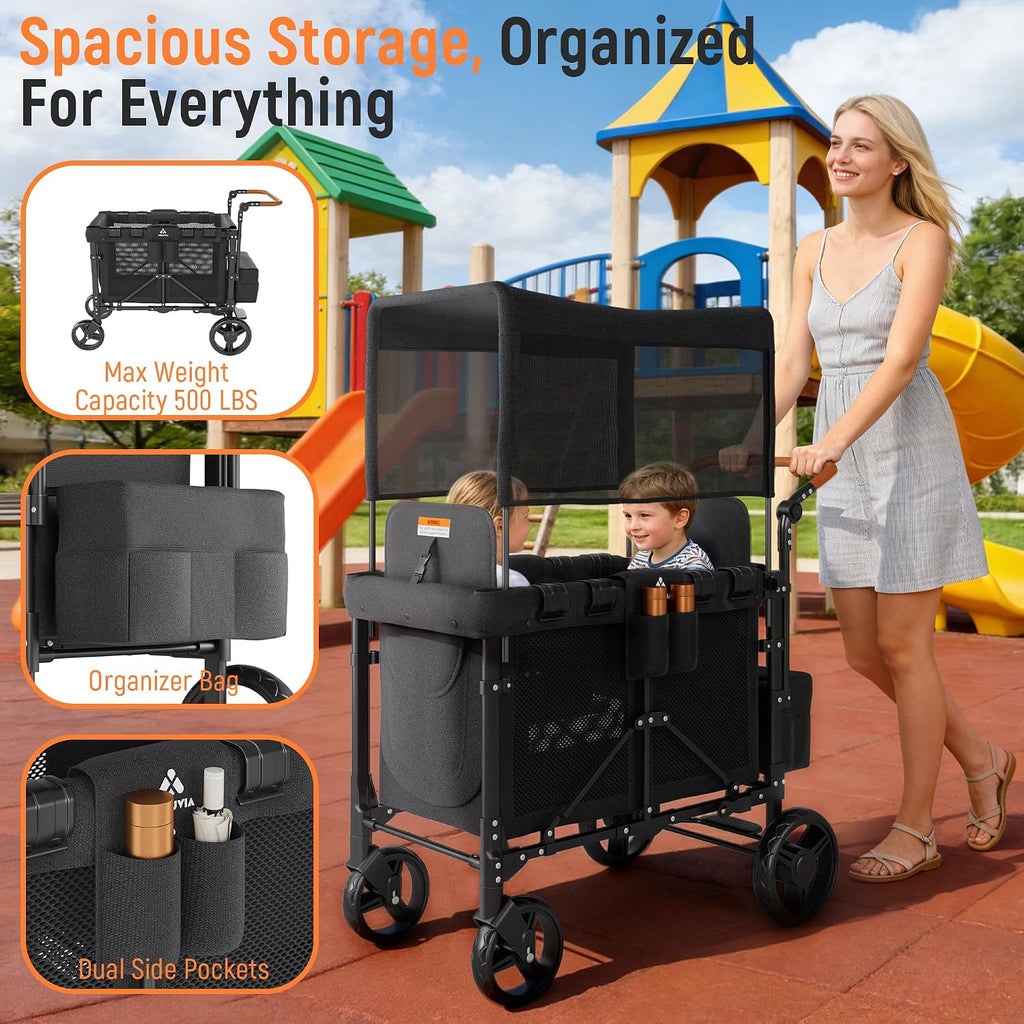 Wagon Stroller for 2 Kids with Canopy & Removable Seat Pads