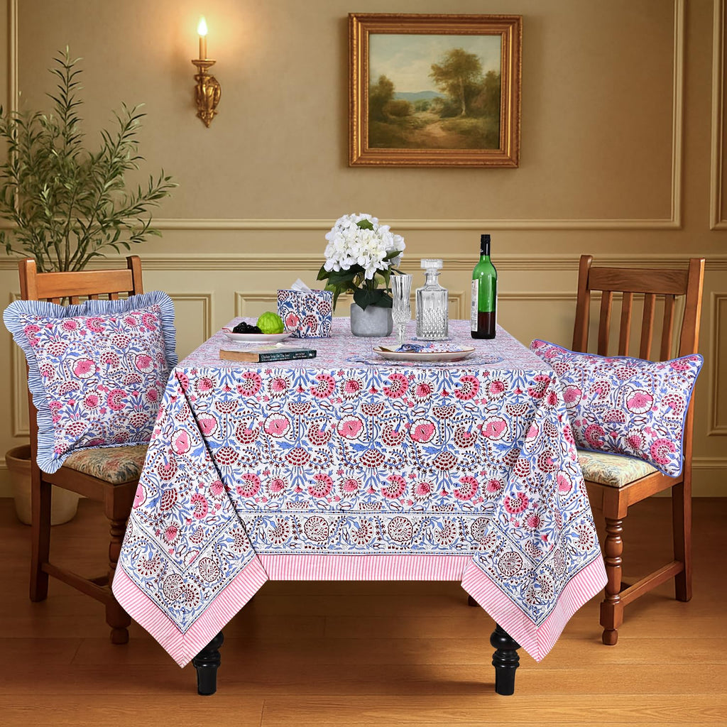 Blue & Pink Hand Block Print Square Tablecloth 60x60 Inch