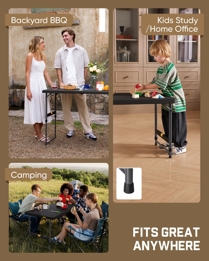 Folding Table 4 Foot Quick Adjust Portable Plastic 4 Heights