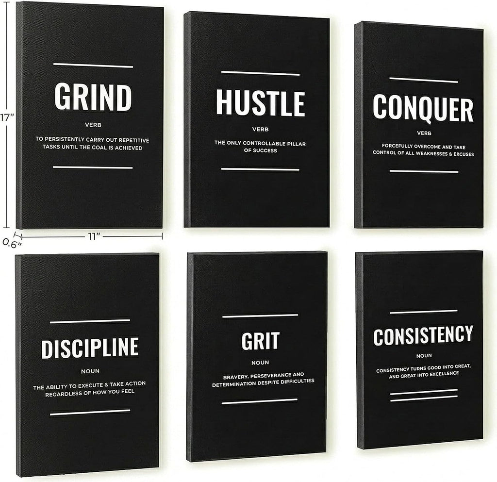 Black and White Motivational Canvas Wall Art Set of 6 - Framed Gallery-Wrapped Prints for Men, Office, Bedroom &