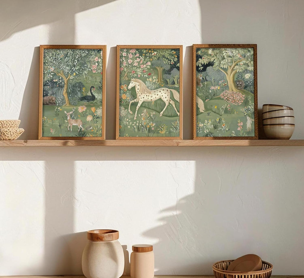 Framed Vintage Woodland Animal Nursery Wall Art Magic Horse Bear Deer Poster Green Fantasy Forest Botanical Pictures