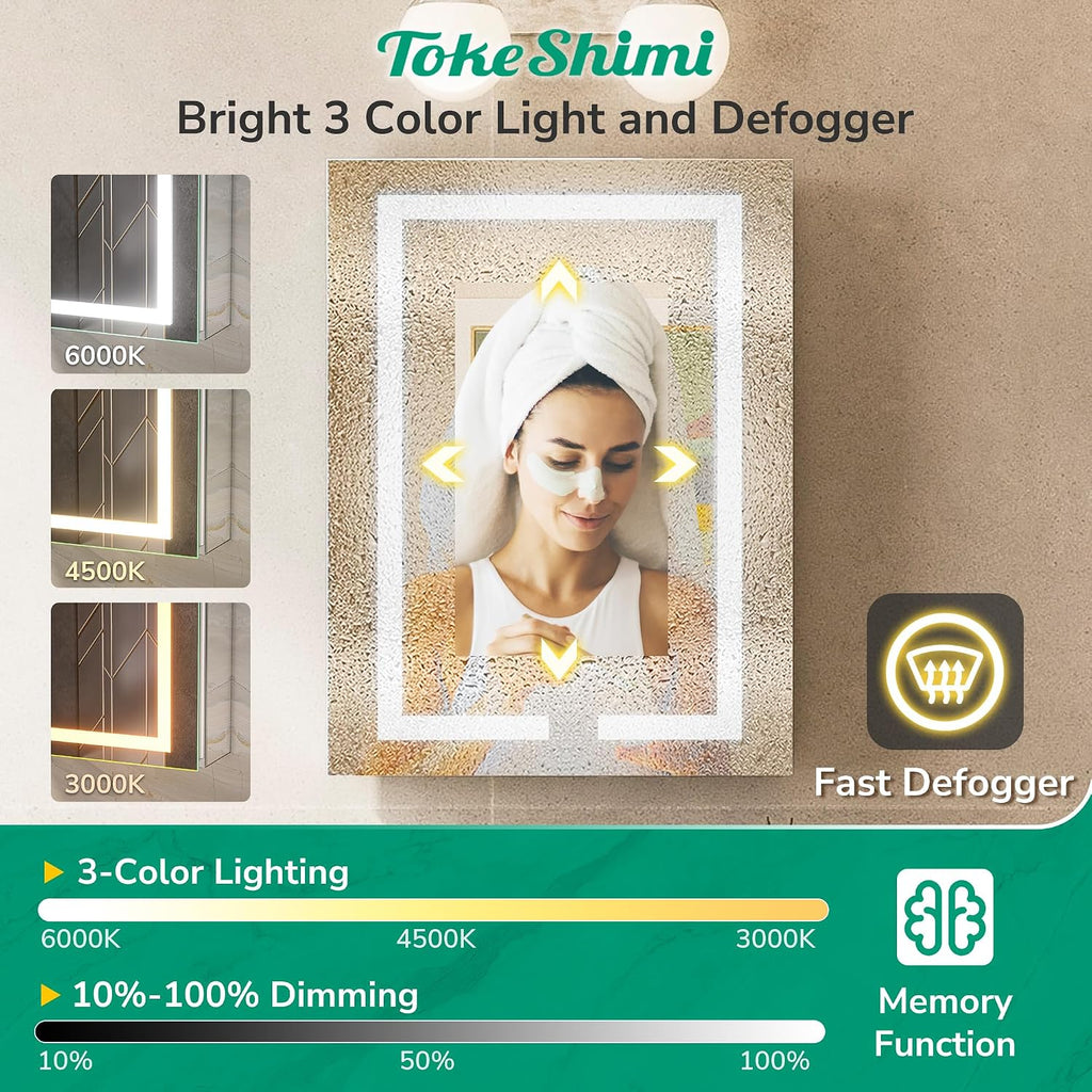 30x26 Led Medicine Cabinet with Lights 3 Color Dimmable and Defogger, Lighted Medicine Cabinet Mirrored with Outlet
