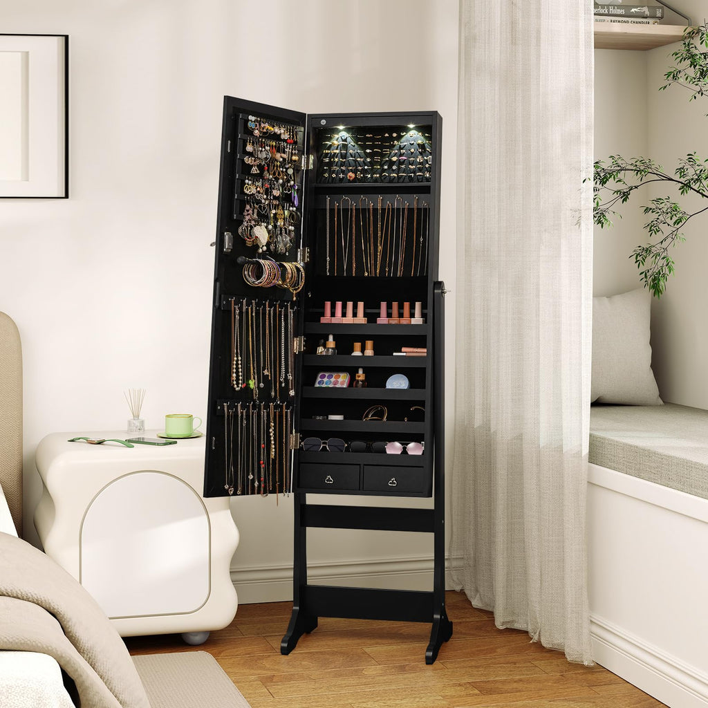 Standing Jewelry Cabinet with Full Length Mirror, 2 LEDs, Lockable