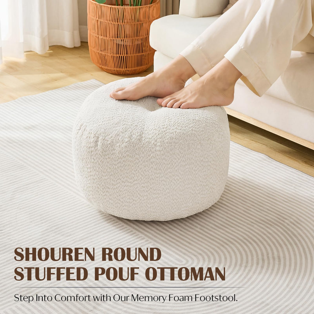Stuffed Round Ottoman, Pouf Ottoman Foot Rest, 20 X 15, White