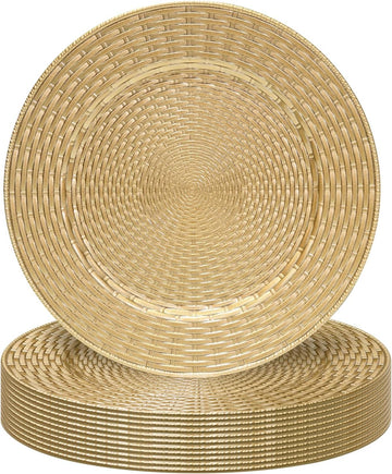 Faux Rattan Charger Plates, Round Gold Plate Chargers - Set of 12