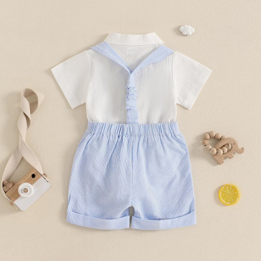 Newbron Baby Boy Summer Outfit Cotton Linen Button Short Sleeve Bowtie Shirt Romper Suspender Shorts Set
