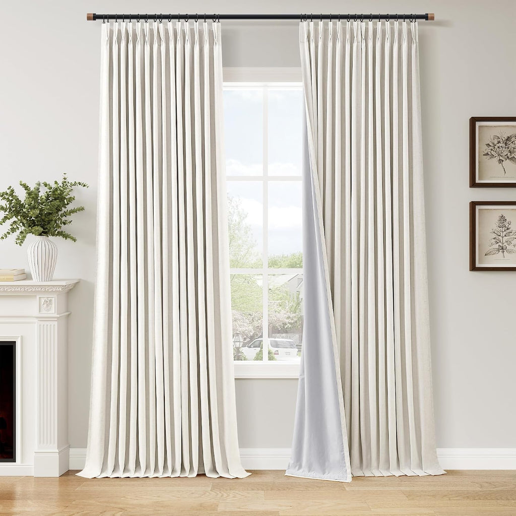 100% Blackout Linen Pinch Pleated Curtains 96 Inch Ceiling to Floor Ivory Beige Room Darkening Window Curtain for