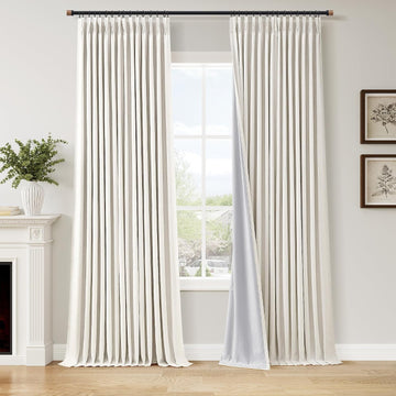 100% Blackout Linen Pinch Pleated Curtains 96 Inch Ceiling to Floor Ivory Beige Room Darkening Window Curtain for