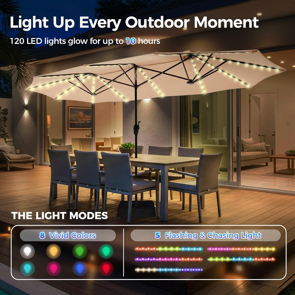 13ft Outdoor Patio Umbrella with Solar Lights, Double-sided Deck Pool Umbrella with 1.5 Inch Pole